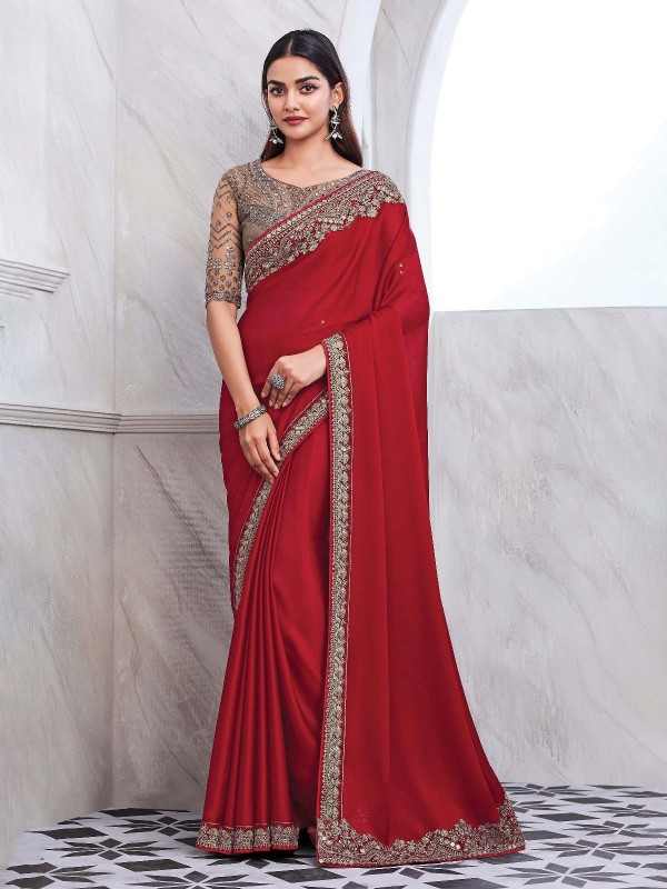 Dark Red Chiffon Silk Saree